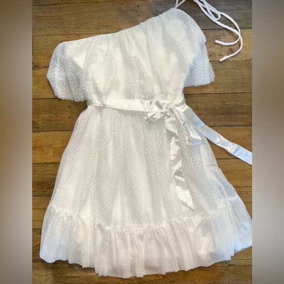 LULUS Adorable Event White Mesh One-Shoulder Swiss Dot Mini Dress Bridal - Picture 10 of 16